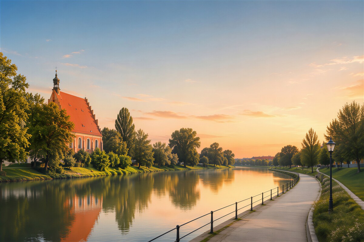 Fototapeta Architektura miasta Bydgoszcz z odbiciem w rzece Brda o zachodzie słońca